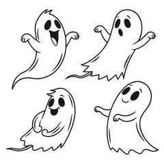 A charming collection of four cartoon ghosts, each exhibiting unique expressions, gently floating against an, perfect for halloweenthemed designs and ghostly delight
