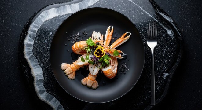 Luxury restaurant dish with cooked langoustines and edible flowers on a modern black plate