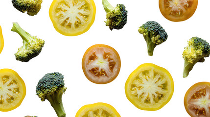 Pattern of Floating Sliced Tomatoes and Broccoli on Black Background