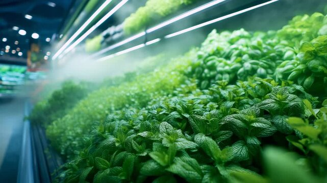 Mint shines on shop window display. Mint invites eco shoppers with vivid green leaves and juicy freshness. Shelf shows organic labels, dewy texture and soft led glow for healthy meals today now daily.