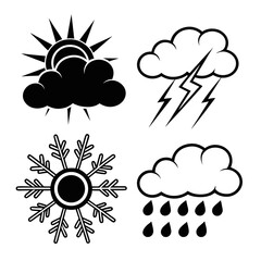 Collection of weather icons representing sun behind clouds rain snow and lightning storm