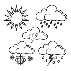 Collection of weather icons including sun rain snow lightning and storm clouds in a simple line art style