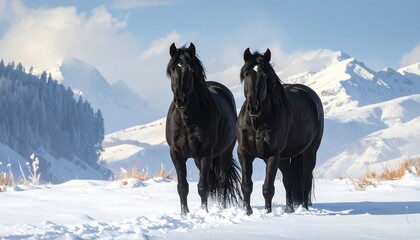 Two majestic black horses stand proudly in a snow-covered landscape against a backdrop of snowy mountains.