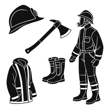 Firefighter equipment and protective gear including helmet axe jacket boots and full uniform with gas mask