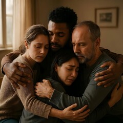 Obraz premium A Diverse Family Hugging Each Other in an Emotional and Supportive Embrace.