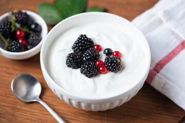 Super healthy bowl of thick greek yogurt and fresh berries, rich in Protein and Calcium diet dessert