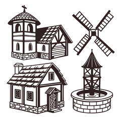 Collection of stylized medieval village buildings including a church house windmill and well