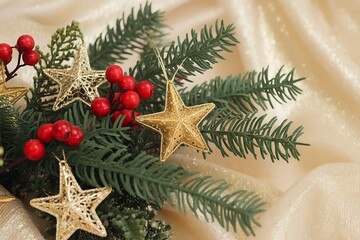 A Festive Arrangement of Gold Stars, Red Berries, and Evergreen Sprigs for Christmas Decorations
