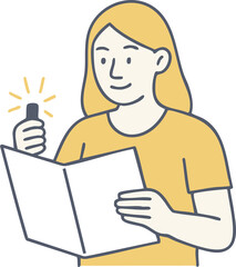 Woman reading instruction manual and holding small bottle with curious expression