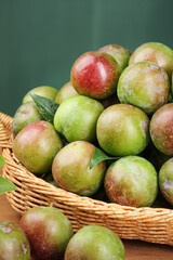 Freshly Picked Sweet Plums in Wicker Basket - Ripe Green Red Stone Fruit Harvest