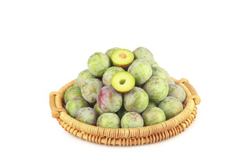 Fresh Green Plums in Wicker Basket Isolated on White Background - Sweet Summer Stone Fruit Harvest