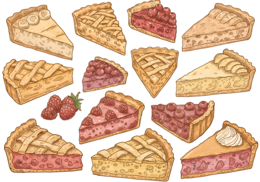 Illustration Of Assorted Pie Slices Watercolor On Transparent Background - Powered by Adobe