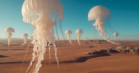 Opening clip revealing dawn desert camera panning as translucent jellyfish forms drift over dunes - Powered by Adobe