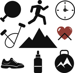 Collection of fitness and outdoor activity silhouette icons isolated on white background