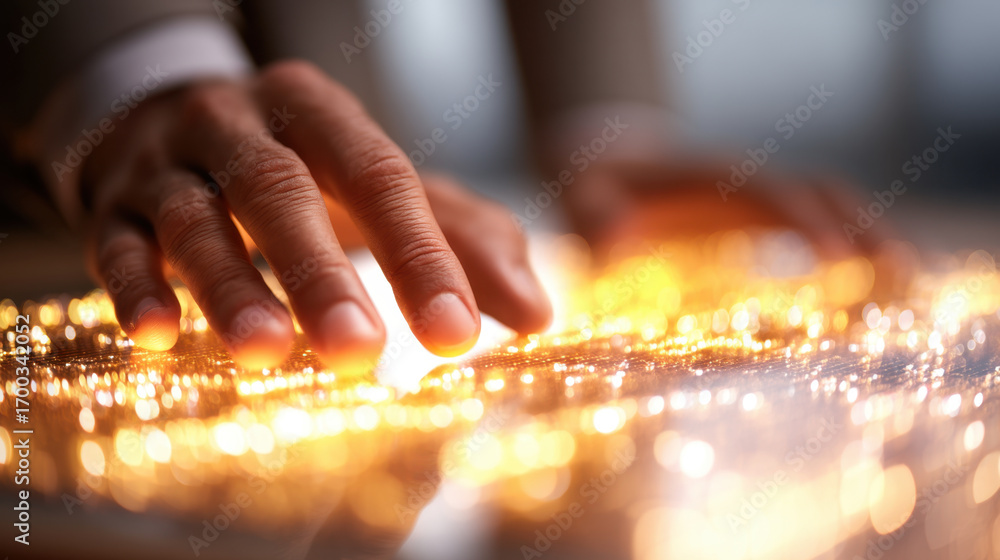 Poster close up of hand gently touching glowing surface, creating mesmerizing effect with bright lights. sc