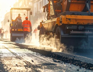 Road workers operate heavy machinery during street construction on a sunny day, creating dust and steam in an urban environment.