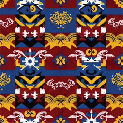 Obraz premium Vibrant geometric pattern with tribal motifs and bold color combinations design, seamless pattern, Stock royalty free image.
