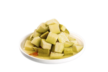 Fresh Green Mango Cubes in White Bowl on Clean Background - Sweet Sour Tropical Fruit