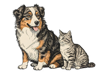 Illustration Of Australian Shepherd And Cat Sitting Together On Transparent Background