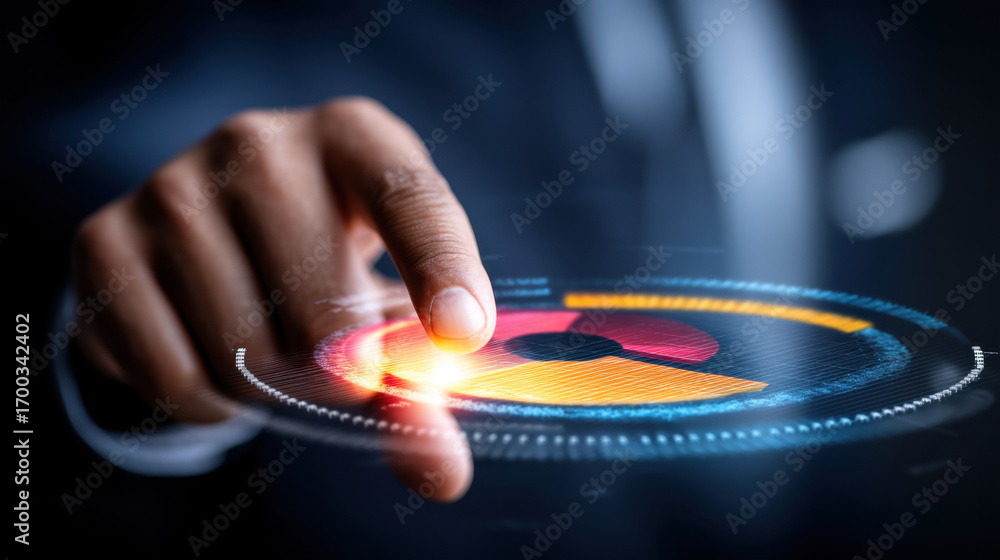 Aufkleber businessman interacting with digital interface, showcasing data visualization with colorful graphs a