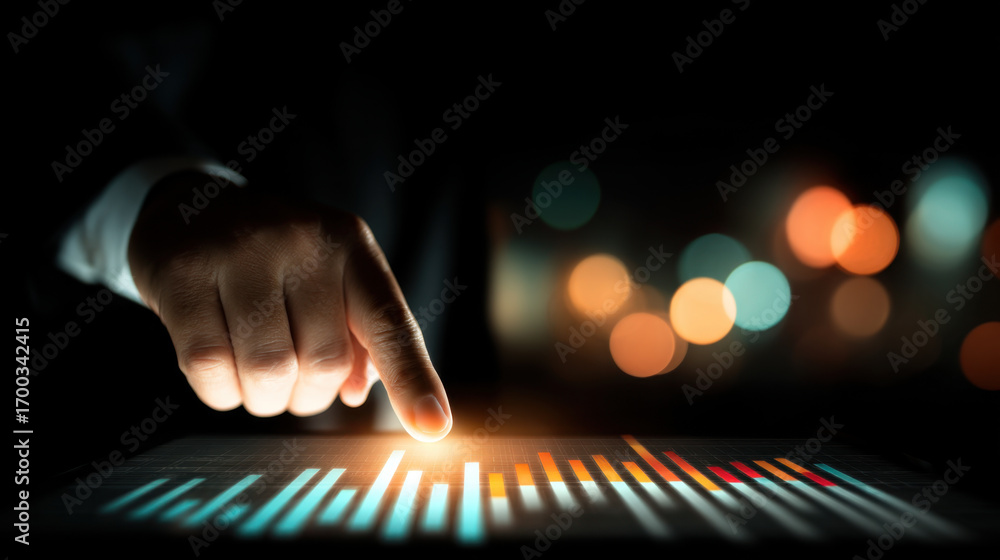 Aufkleber hand interacts with digital screen displaying colorful data visualizations, symbolizing technology a