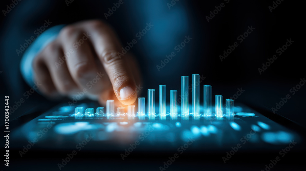 Poster Person interacts with digital tablet displaying glowing data visualizations, including bar graphs and charts, representing analytics and technology. scene conveys sense of innovation and data