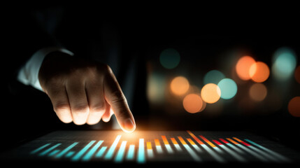 Hand interacts with digital screen displaying colorful data visualizations, symbolizing technology and analytics. blurred background adds modern, dynamic feel to scene