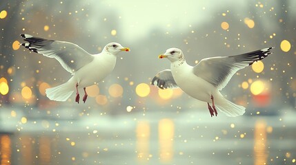 Winter Birds in Flight Over City Lights