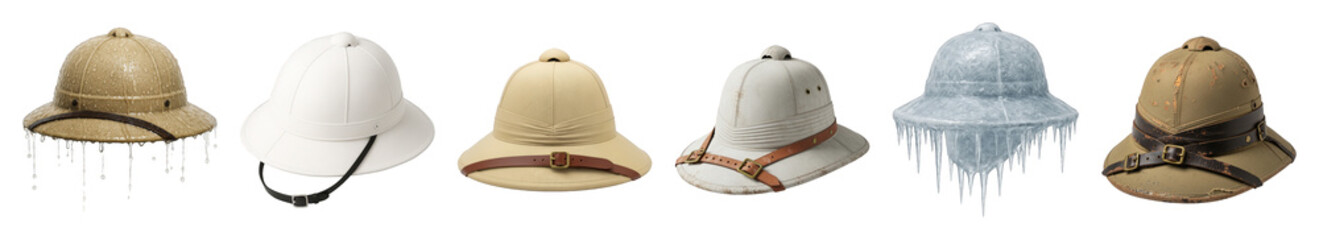 Fototapeta premium Pith helmet set including wet, clean, worn, damaged, and ice variations isolated. Adventure, travel, and extreme weather concepts.