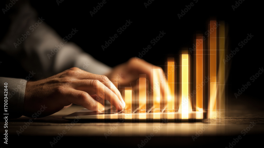 Poster person typing on laptop with glowing bar graph overlay, symbolizing growth and progress in digital a