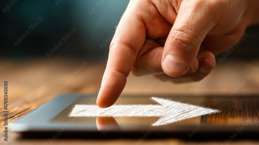 Poster hand is touching tablet screen with drawn arrow indicating direction. image conveys sense of interac