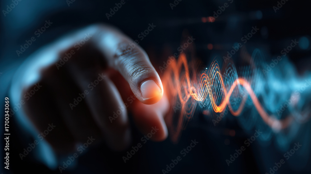 Poster digital technology finger sound wave interaction innovation abstract futuristic communication data v