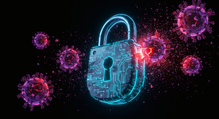 Futuristic concept of a cyber attack with a digital padlock being shattered by viral particles, symbolizing a major security breach