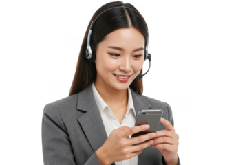 Young woman in headset using smartphone isolated on transparent background