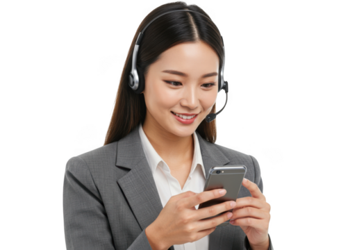 Young woman in headset using smartphone isolated on transparent background - Powered by Adobe