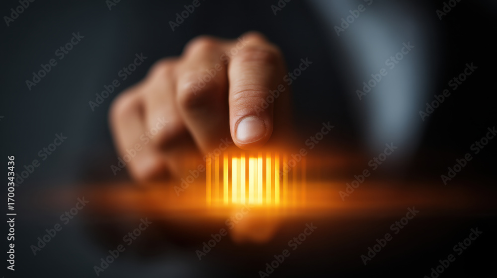 Poster hand reaching towards glowing, vertical bar graph, symbolizing data analysis and technology. warm li
