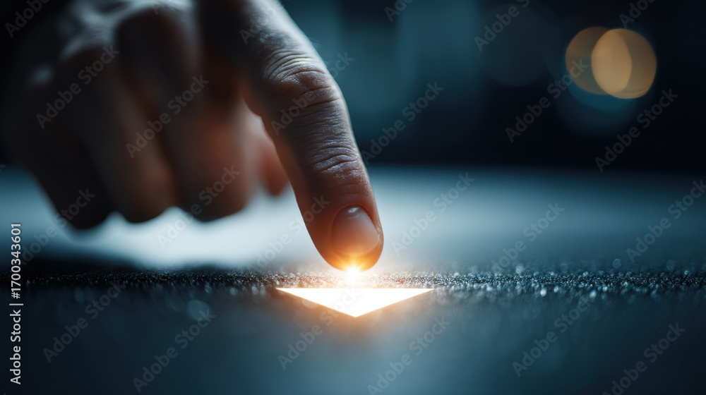 Poster close up image of finger pressing glowing button, creating warm light effect. background is blurred,