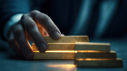 Hand reaches for gold bars, symbolizing wealth and investment. warm glow from gold creates atmosphere of luxury and aspiration, highlighting allure of precious metals