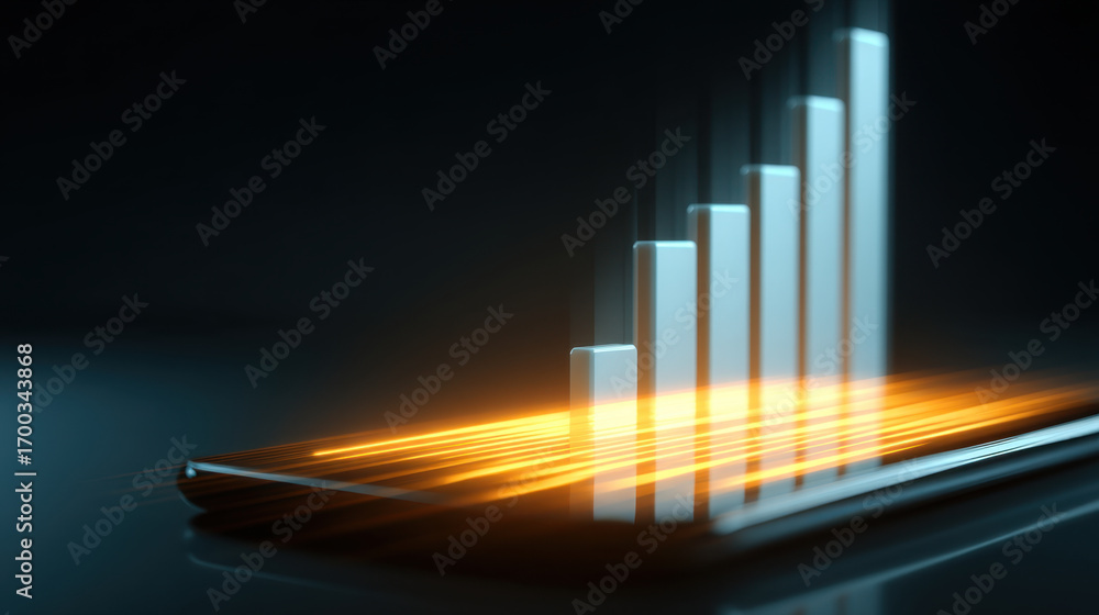 Poster smartphone displaying glowing bar graph, symbolizing growth and progress in technology. vibrant colo