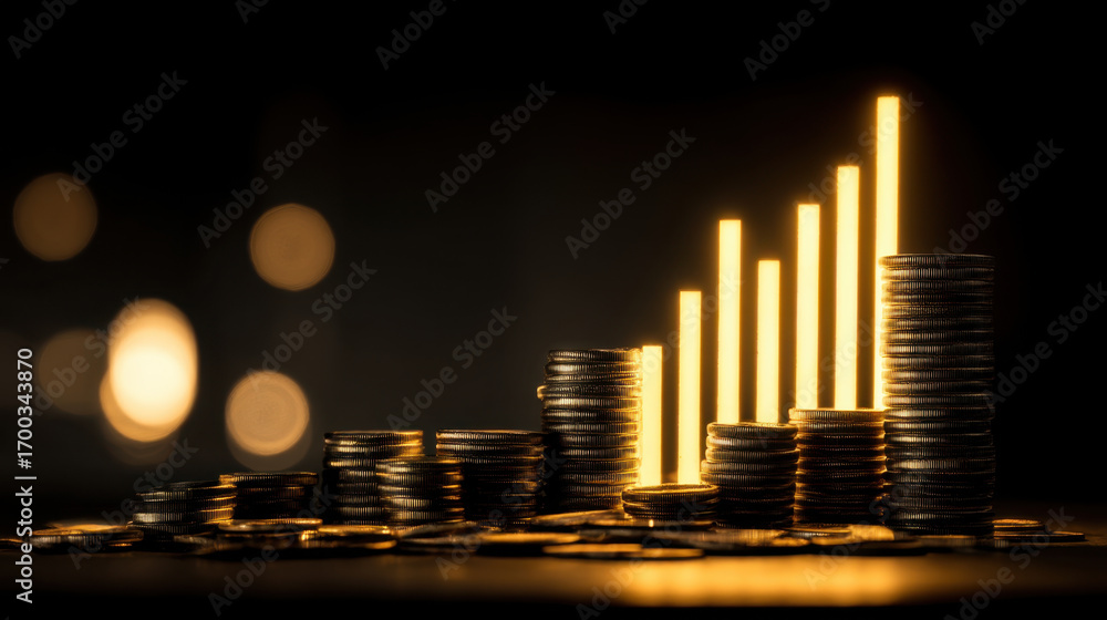Aufkleber stack of coins with glowing bars representing growth and financial success, creating sense of optimi