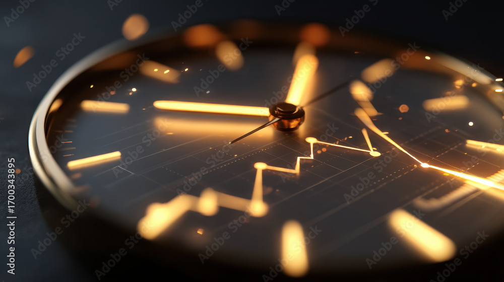 Poster close up view of clock face with glowing hands and background featuring financial graph, symbolizing
