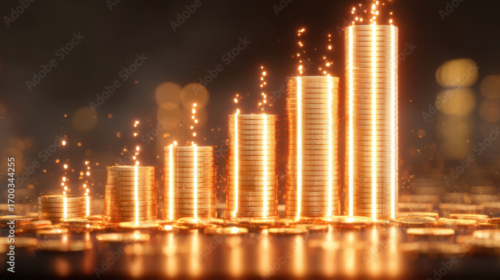 Aufkleber golden coins stacked in ascending order create visually striking representation of wealth and prospe