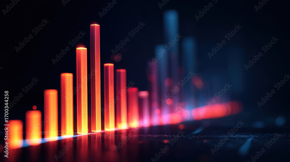 Aufkleber digital sound wave visualization with vibrant red and blue bars representing audio frequencies. glow