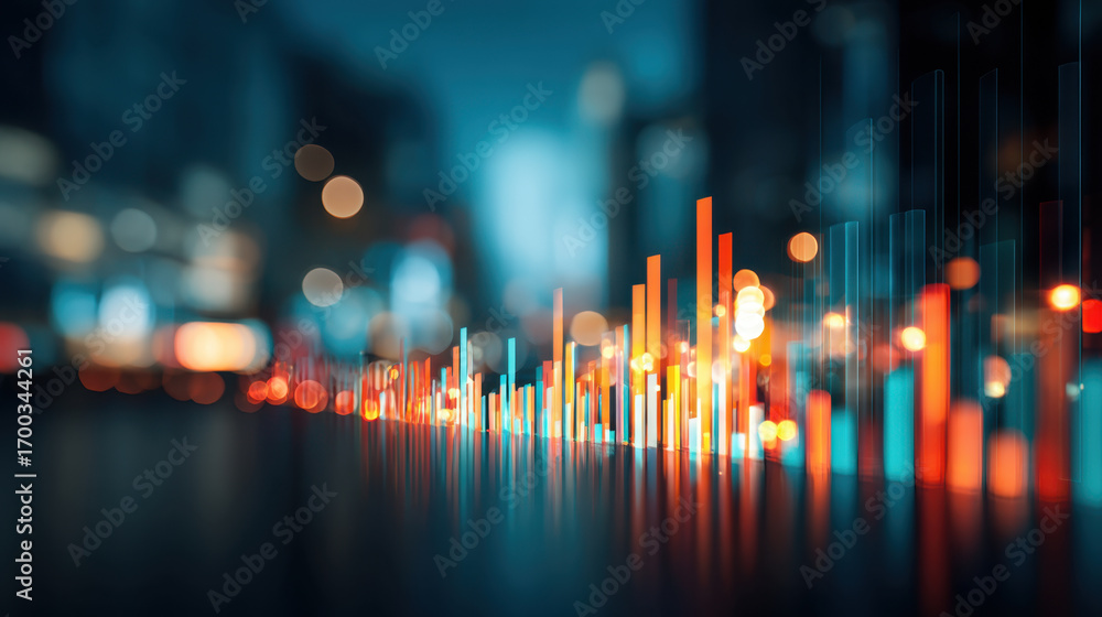 Poster dynamic data visualization with vibrant bars representing statistics, illuminated by city lights in 