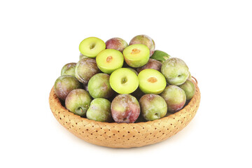 Fresh Plums with Pits Removed in Bamboo Basket - Ripe Stone Fruit Collection