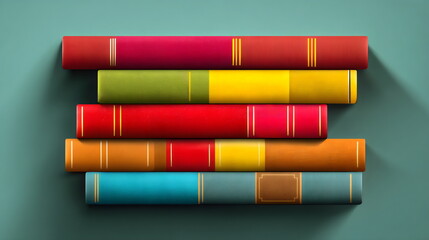 Colorful array of vintage book spines arranged on a teal surface with bright shadows