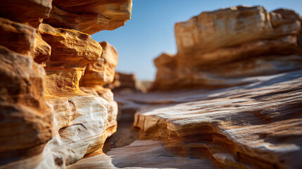 A close up view of layered rock formations under a clear blue sky in a desert landscape