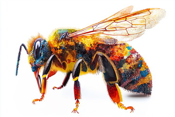 Vibrant close-up of a bee showcasing intricate details and colorful patterns on its body in a creative artistic style