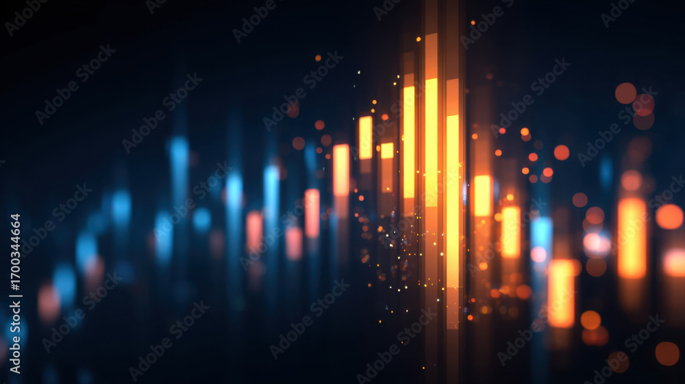 Poster abstract digital background with glowing bars and particles representing data visualization and anal