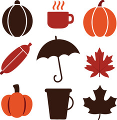 Collection of autumn season icons including pumpkins leaves coffee cup and umbrella silhouette isolated on white background